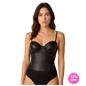 INC International Concepts Black Faux Leather Bodysuit, Size M Like New
